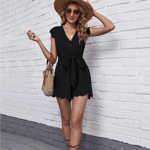 Scallop Trim Tie Back Self Belted Romper